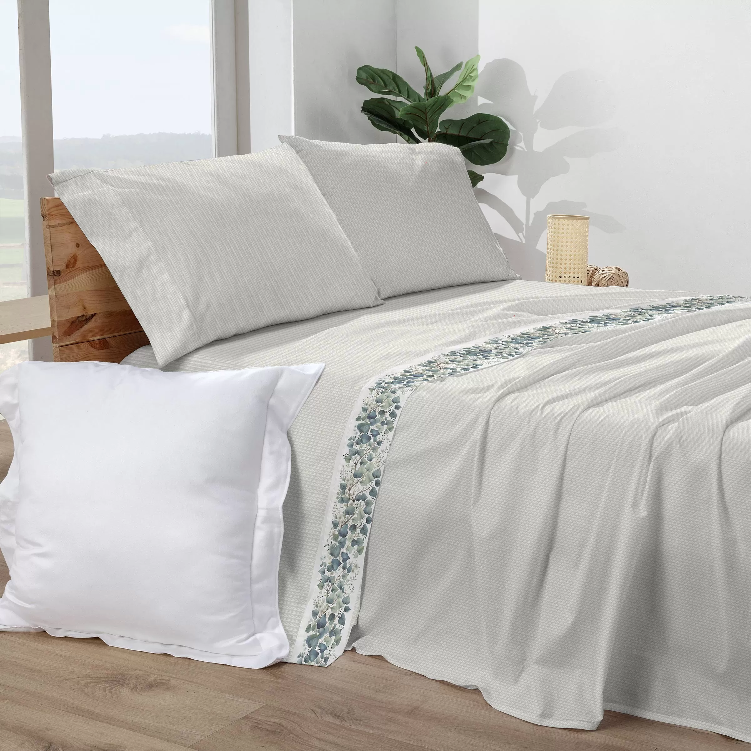 juego-sabanas-hojas-en-cenefa-hiedra Juego de sábanas Hiedra Manterol - Imagen 1